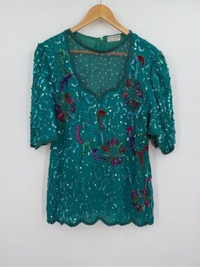 Vintage Creative Touch 100% Silk Teal Sequin Beaded Blouse Top India OS